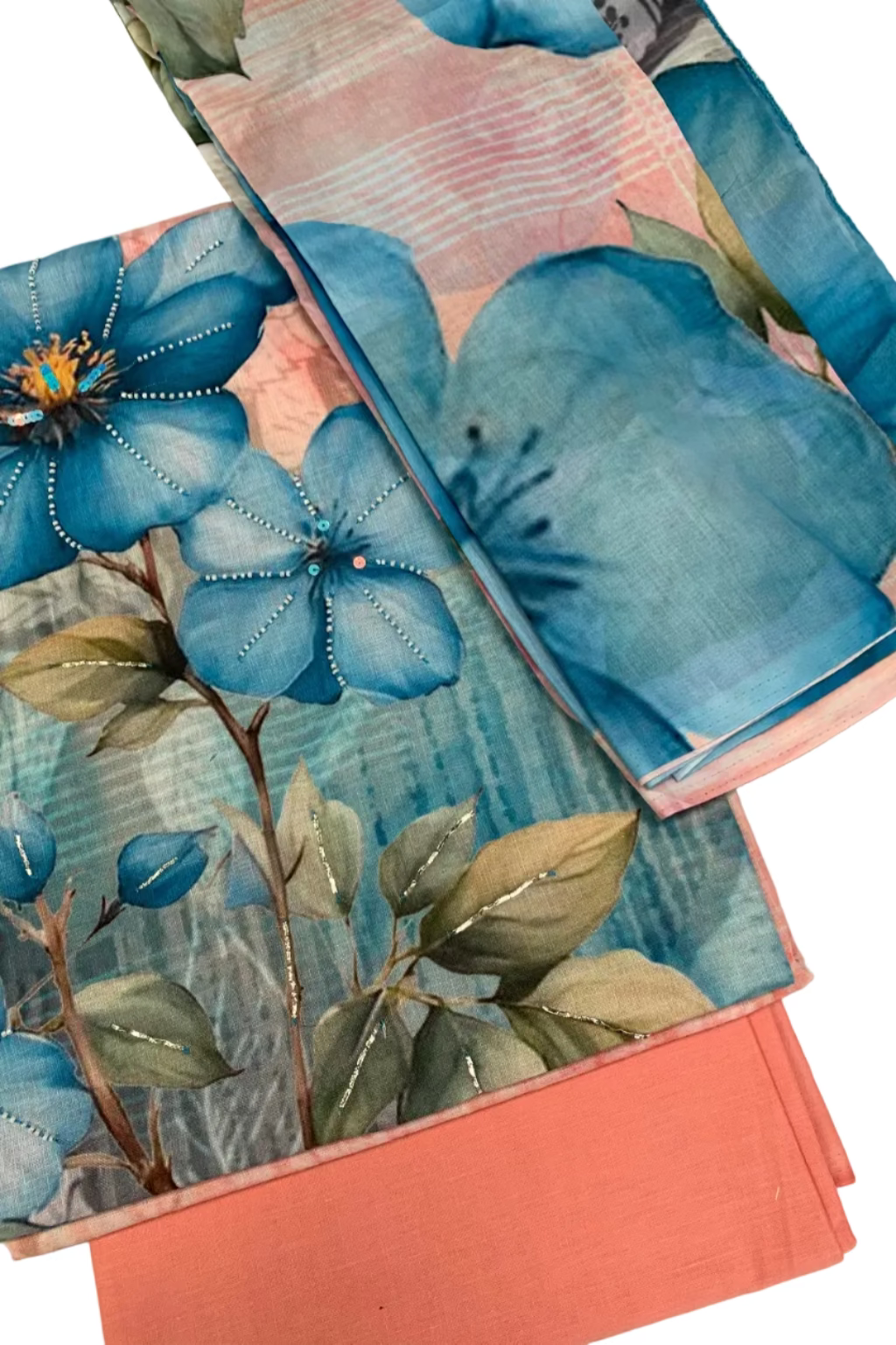 Floral fabric swatches with blue flowers and green leaves on a white background
