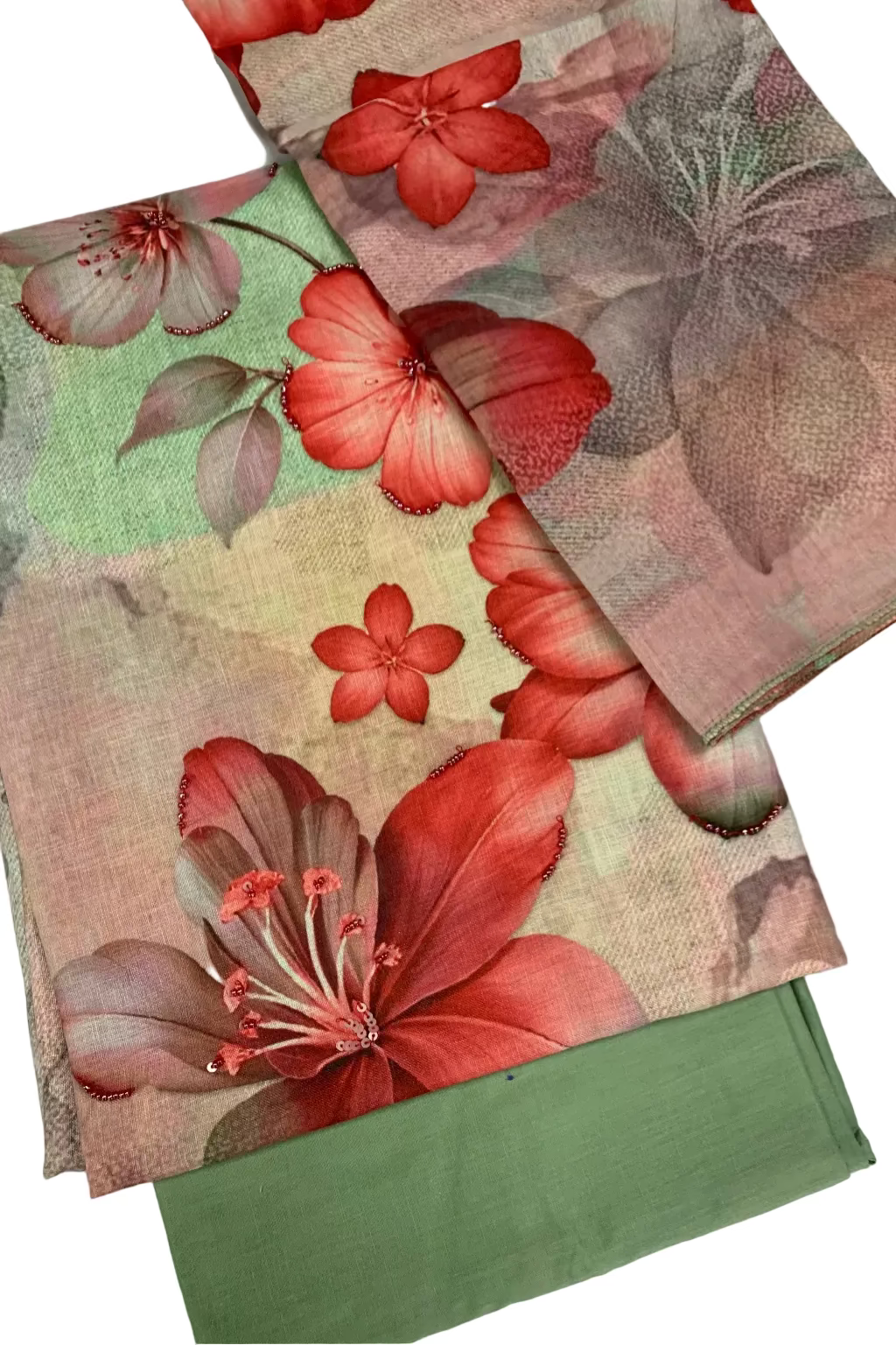 Floral-patterned fabric swatches on a white background