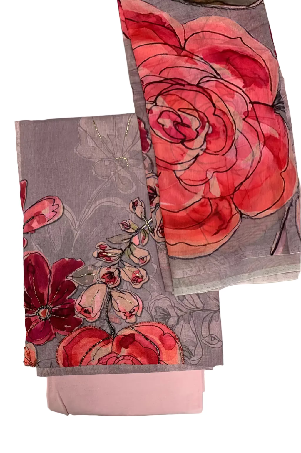 Floral patterned fabric with red and pink flowers on a gray background