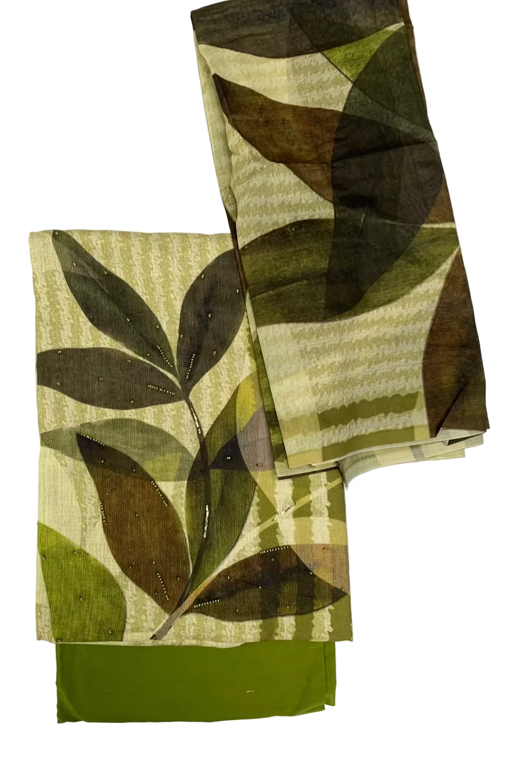 Two green fabric swatches with leaf pattern on a white background