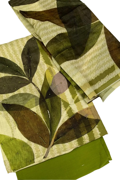 Green fabric with leaf pattern on a white background