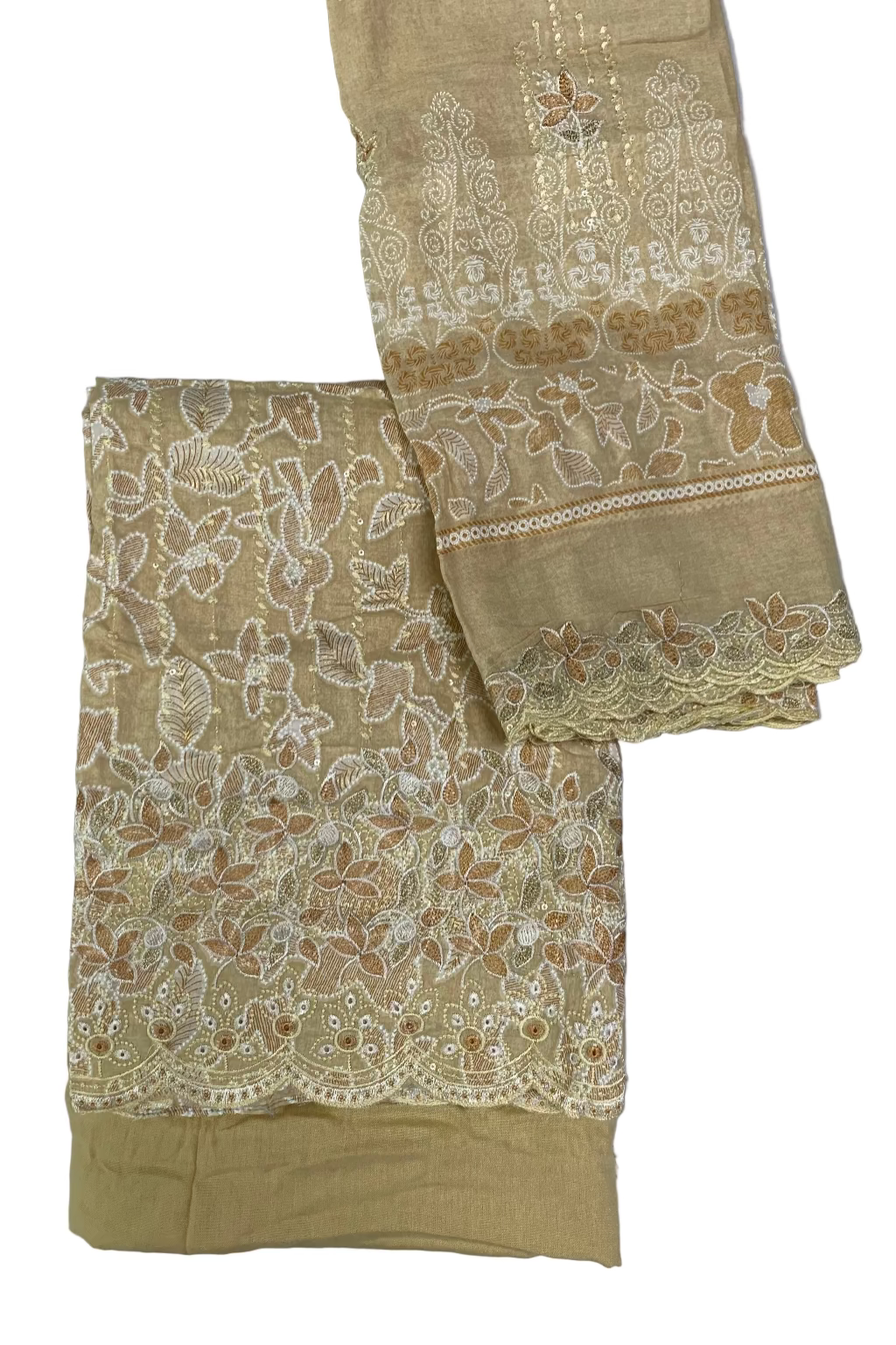 Yellow fabric with intricate white lace patterns on a white background
