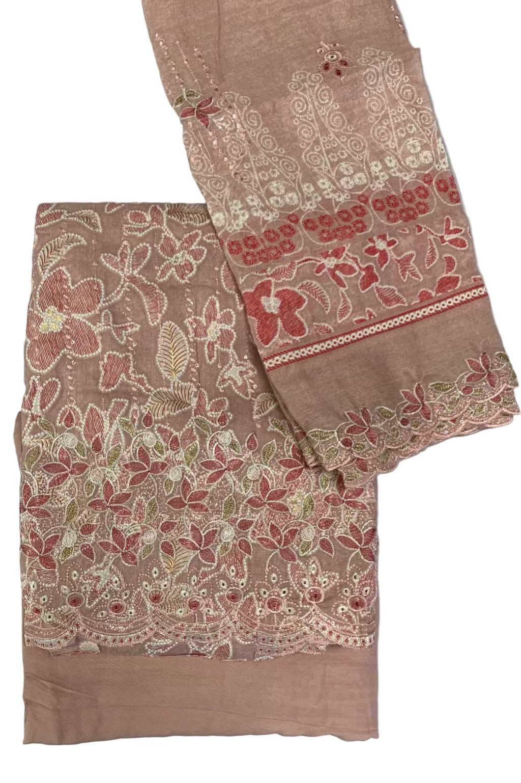 Pink fabric with floral embroidery on a white background