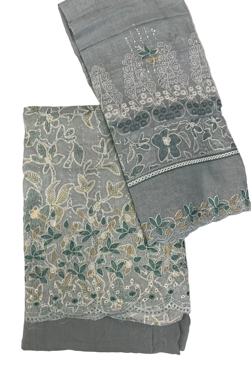 Blue fabric with floral embroidery on a white background