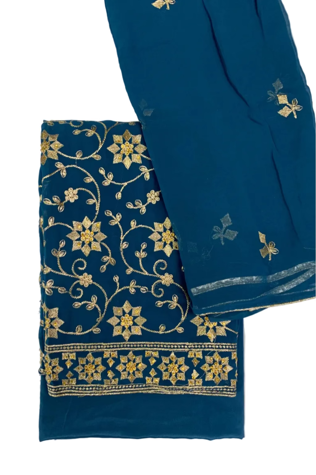 Turquoise fabric with gold floral embroidery on a white background
