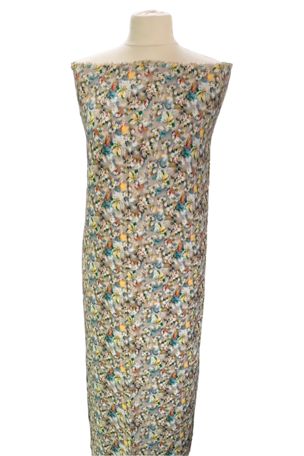Floral patterned fabric on a mannequin with a white background