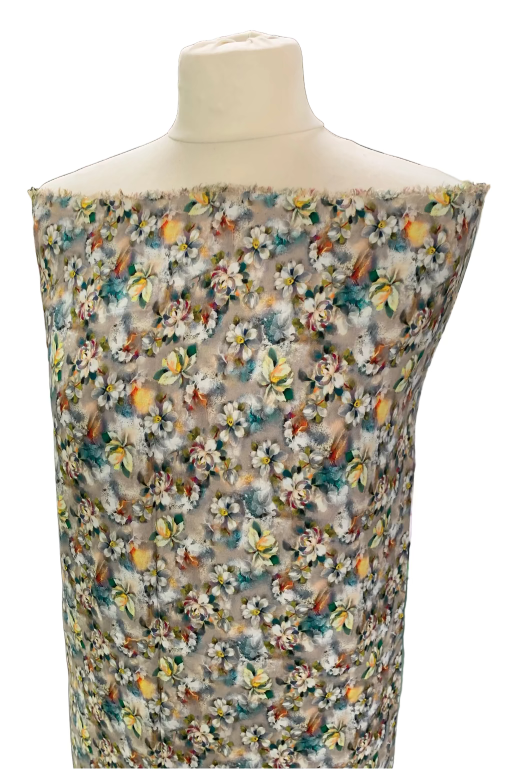 Mannequin wearing a floral fabric with a white background