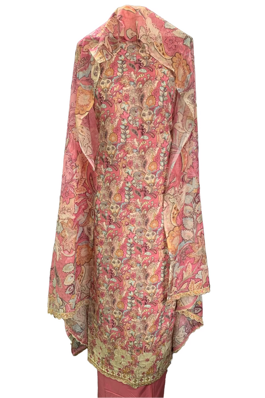 Vannika Floral Print 3pc Unstitched Cotton Suit with Embroidery Border