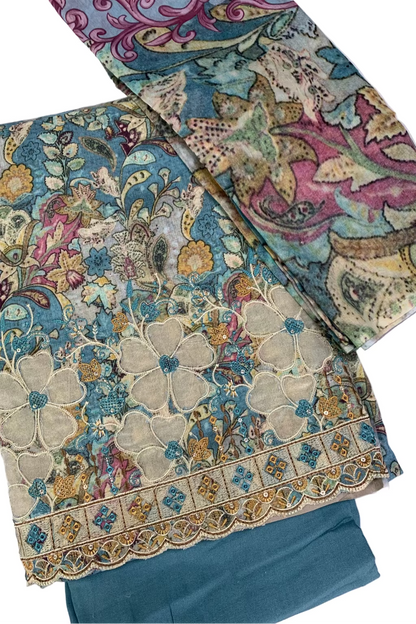 Vannika Floral Print 3pc Unstitched Cotton Suit with Embroidery Border