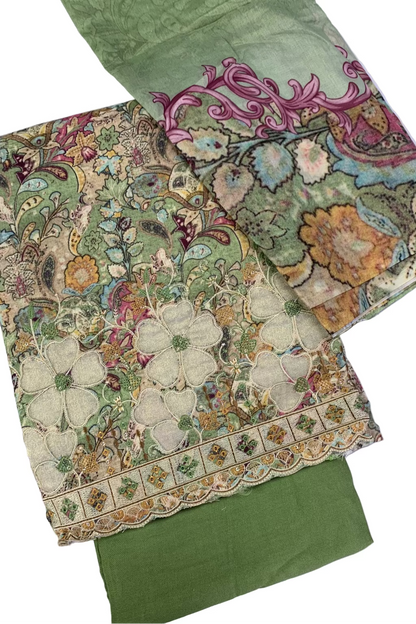Vannika Floral Print 3pc Unstitched Cotton Suit with Embroidery Border