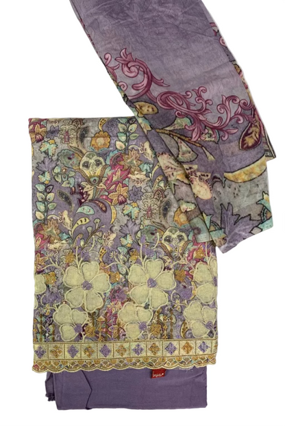 Vannika Floral Print 3pc Unstitched Cotton Suit with Embroidery Border