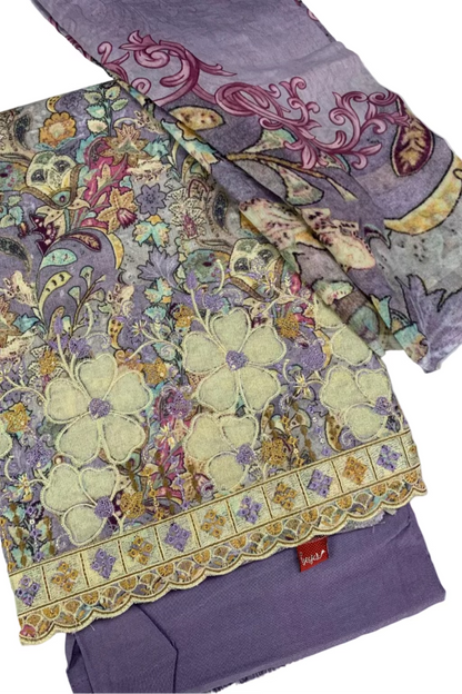 Vannika Floral Print 3pc Unstitched Cotton Suit with Embroidery Border