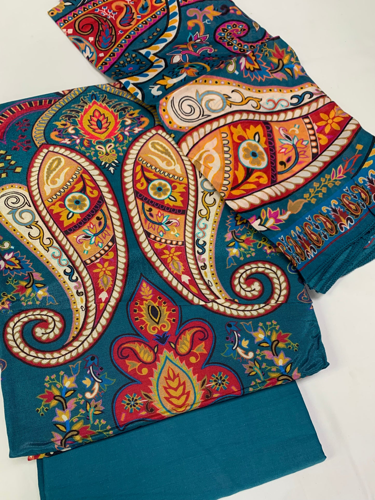 Kalamkari Paisley Digital Print 3pc Unstitched Modal Silk Suit