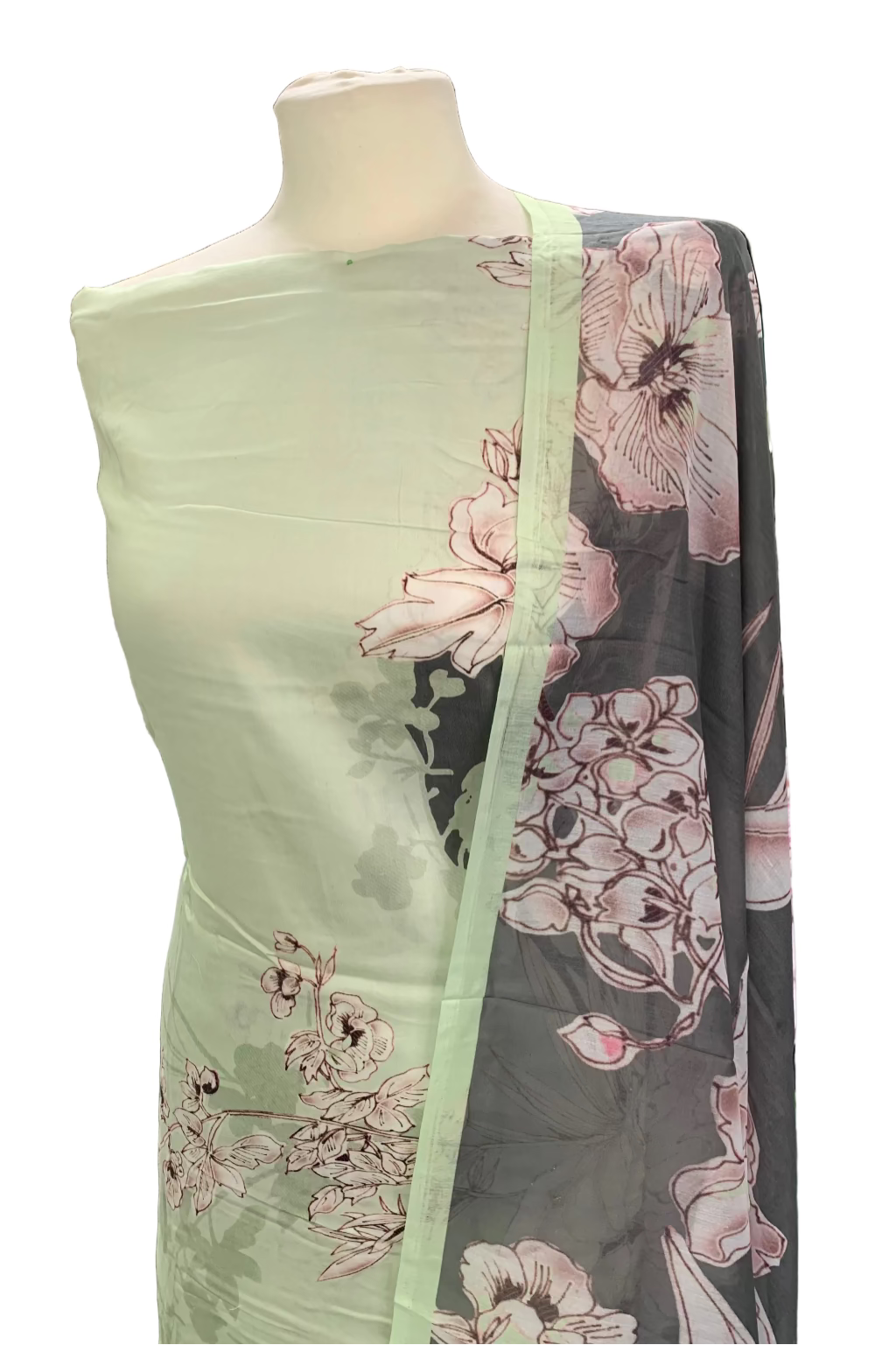 Frabric with floral patterns on a mannequin against a white background