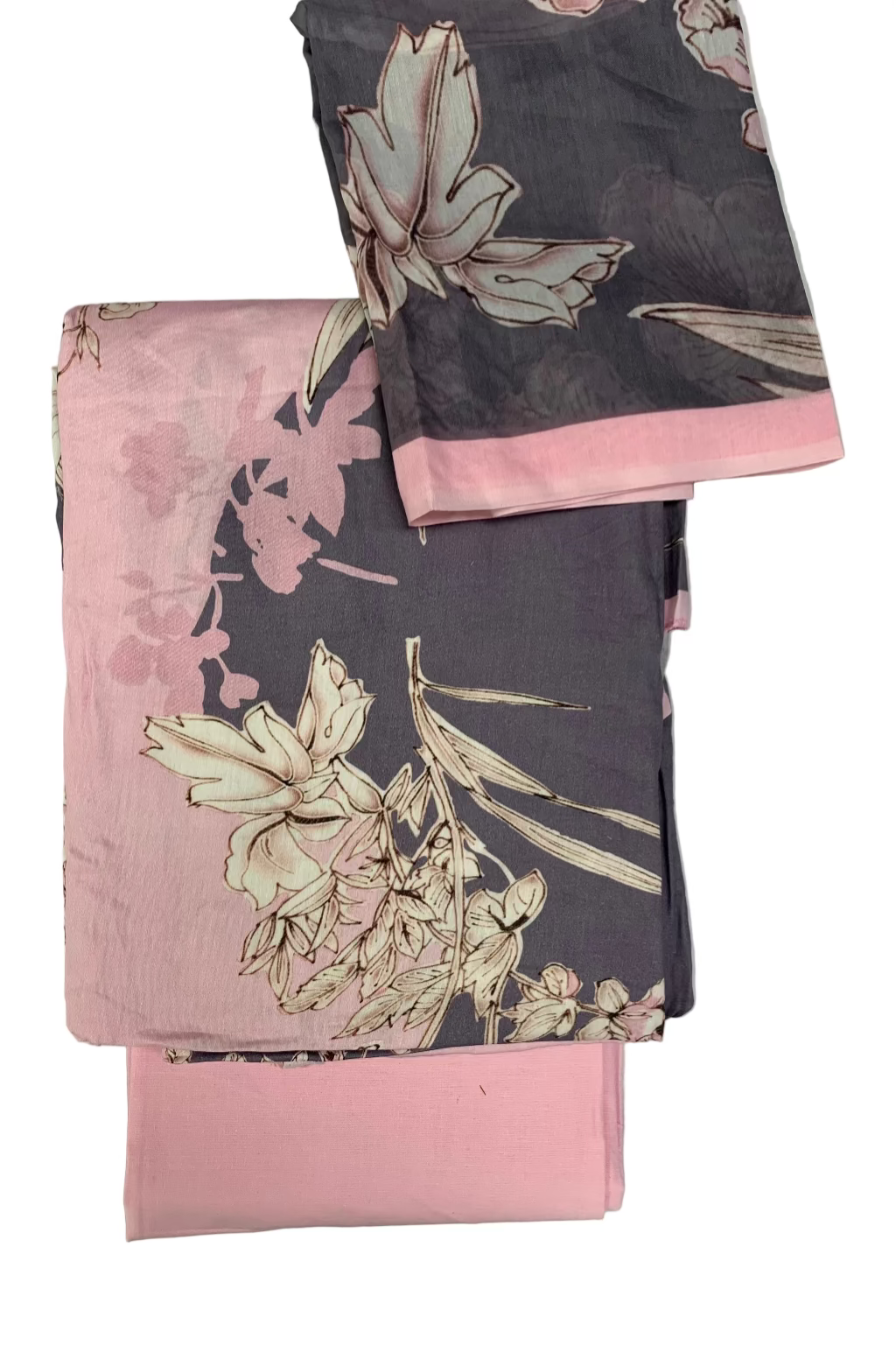 Two floral-patterned cloths, one pink and one dark with floral design, on a white background.
