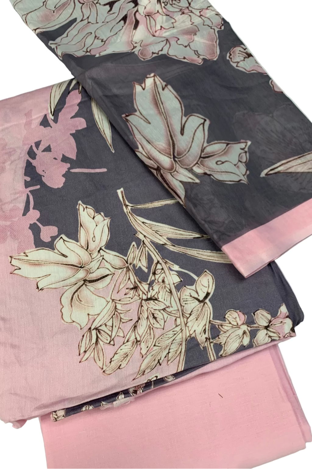 Floral patterned fabric with pink and black colours on a white background