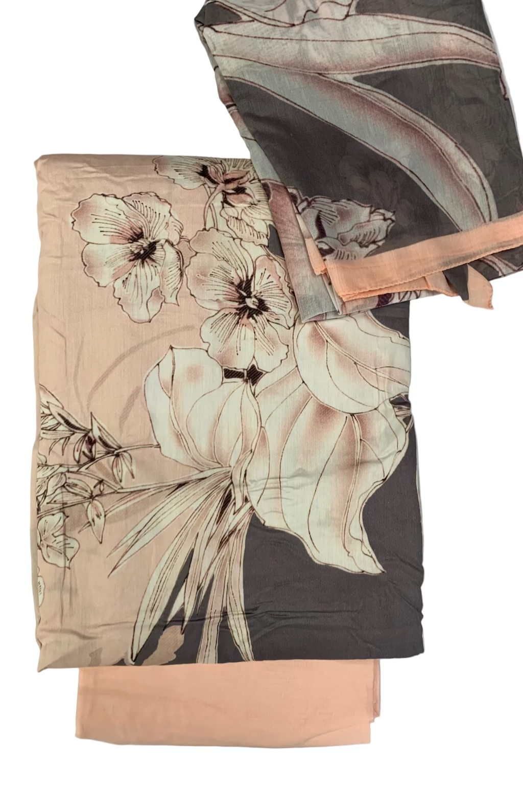 Folded fabric with floral design on a white background