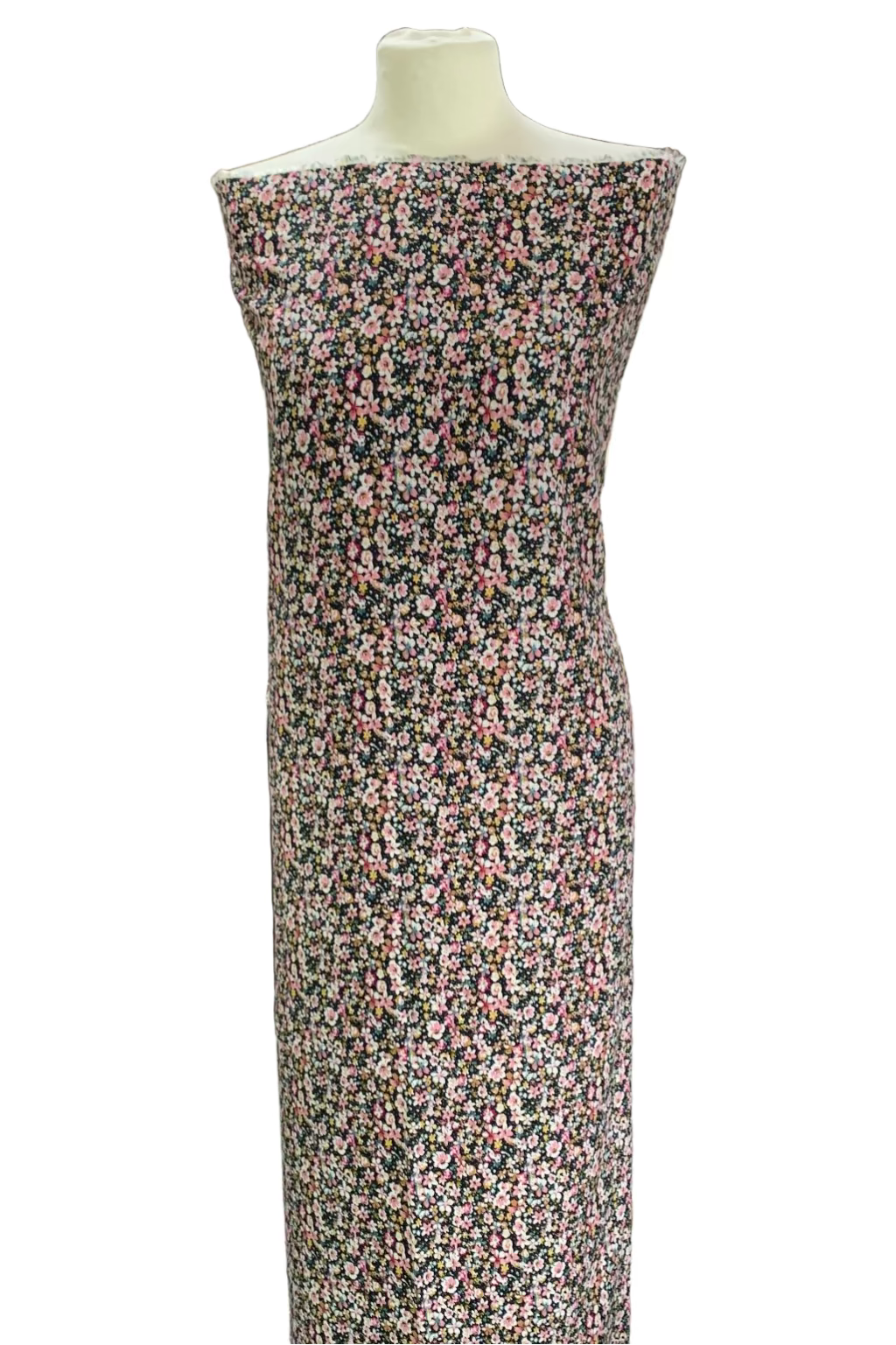 Floral dress on a mannequin in a fabric store.