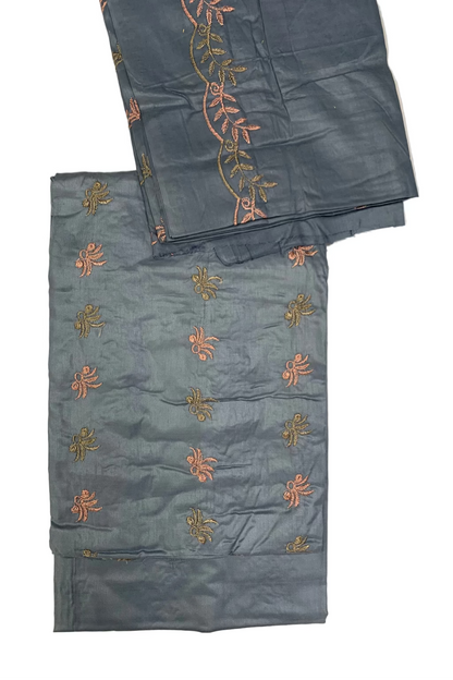 Two blue fabric pieces with floral patterns on a white background