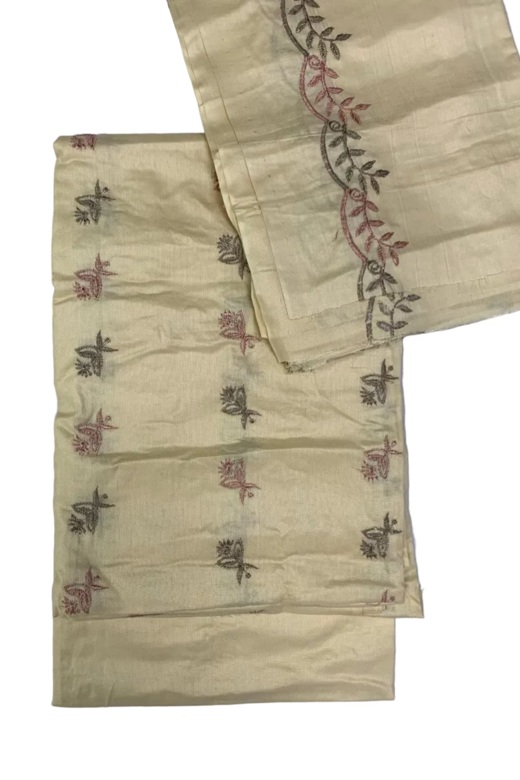 Beige fabric with floral embroidery on a white background