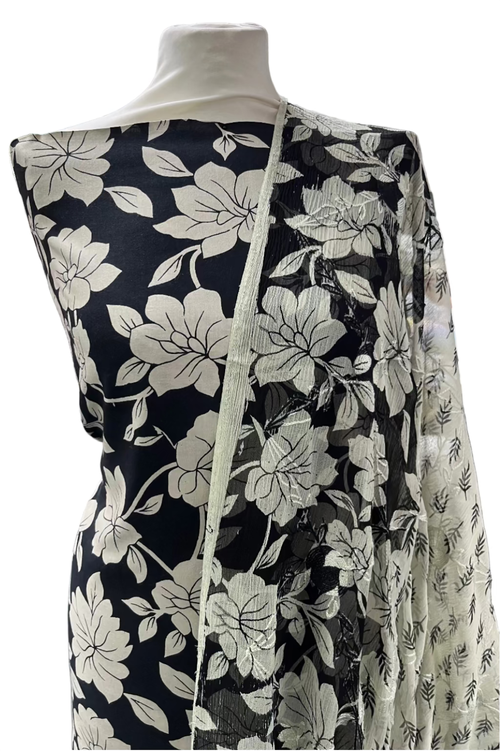 Black floral dress on a mannequin in a store setting