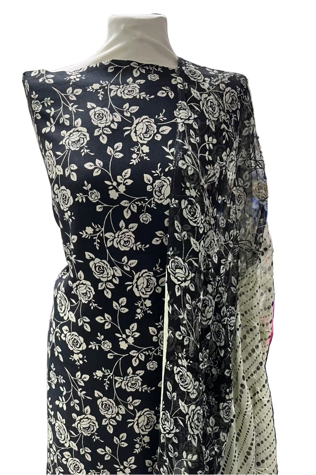 Black floral dress on a mannequin in a store setting.