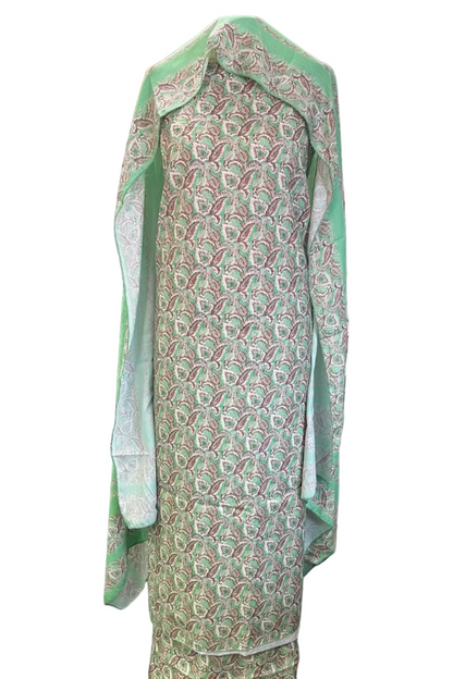 Green patterned dress with sheer green dupatta hanging in a store setting