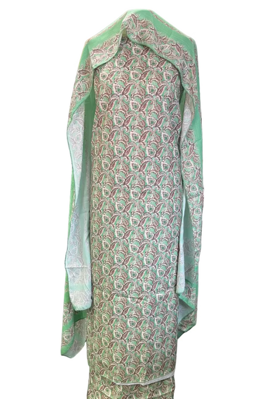 Green patterned dress with sheer green dupatta hanging in a store setting