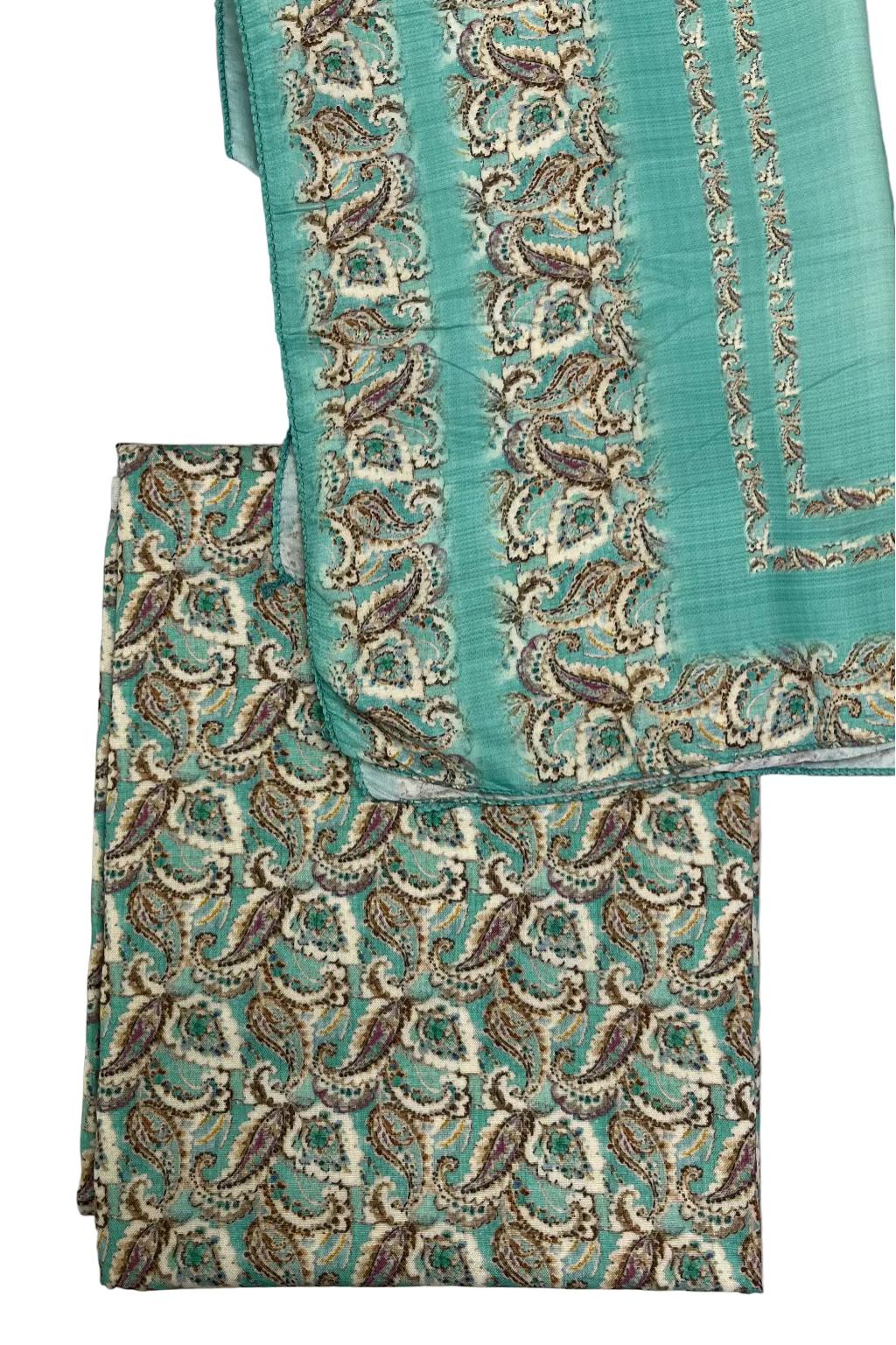 Teal fabric with intricate gold and brown patterns on a gray background