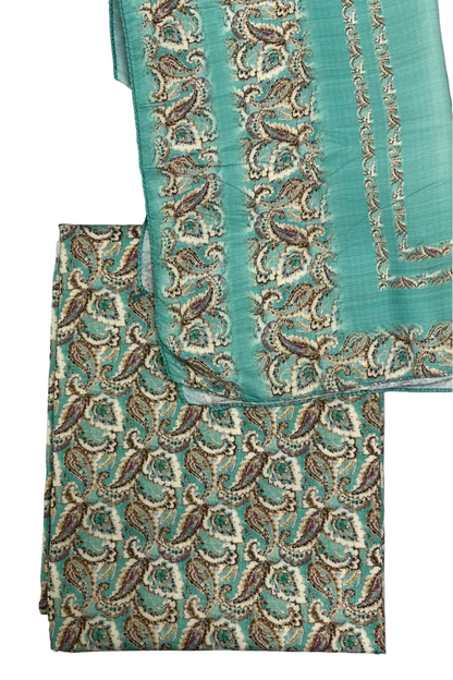 Teal fabric with intricate gold and brown patterns on a gray background