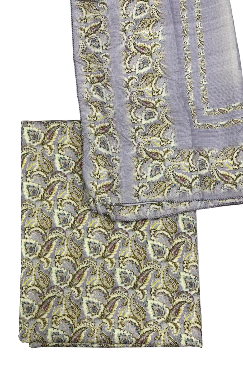 Two patterned cloths with gold and purple designs on a light gray background
