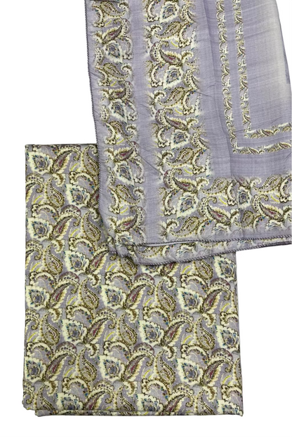 Two patterned cloths with gold and purple designs on a light gray background