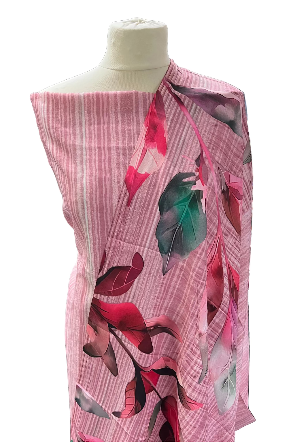 Mannequin wearing a pink floral scarf in a store setting