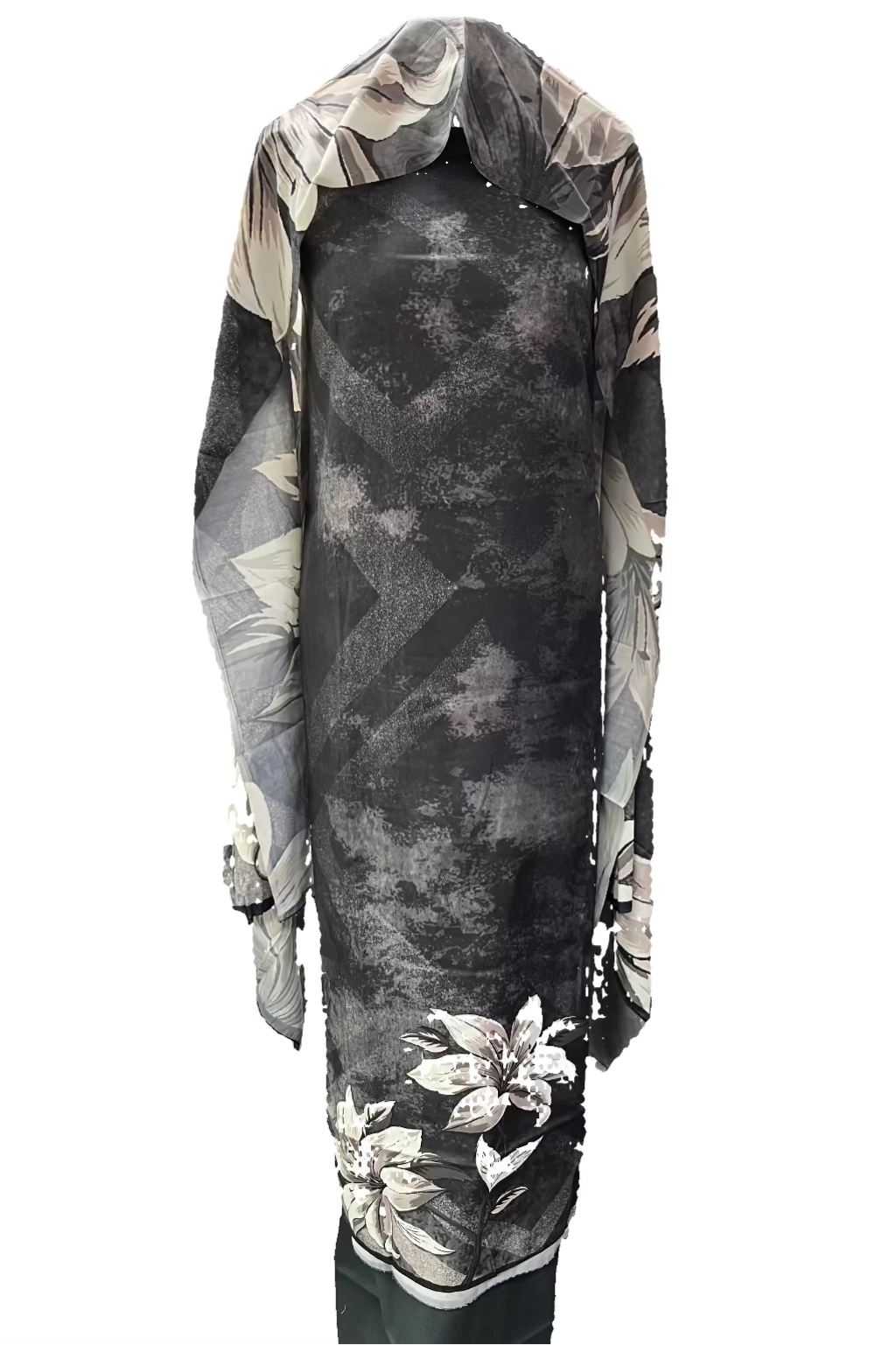 Long black dress with floral patterns displayed in a fabric store.