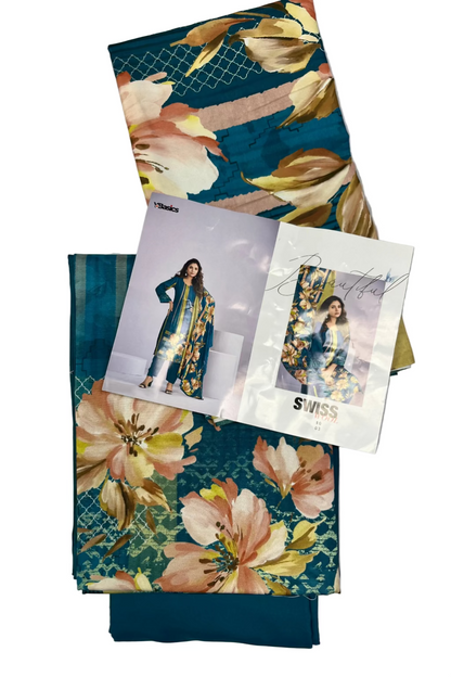 Floral fabric swatches with model images on a gray background