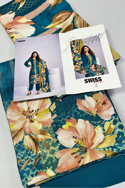 YBasics Floral Print Swiss Wool Collection 3pc Unstitched Suit