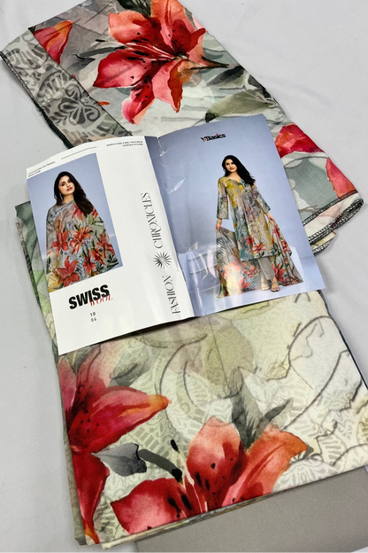 YBasics Floral Print Swiss Wool Collection 3pc Unstitched Suit