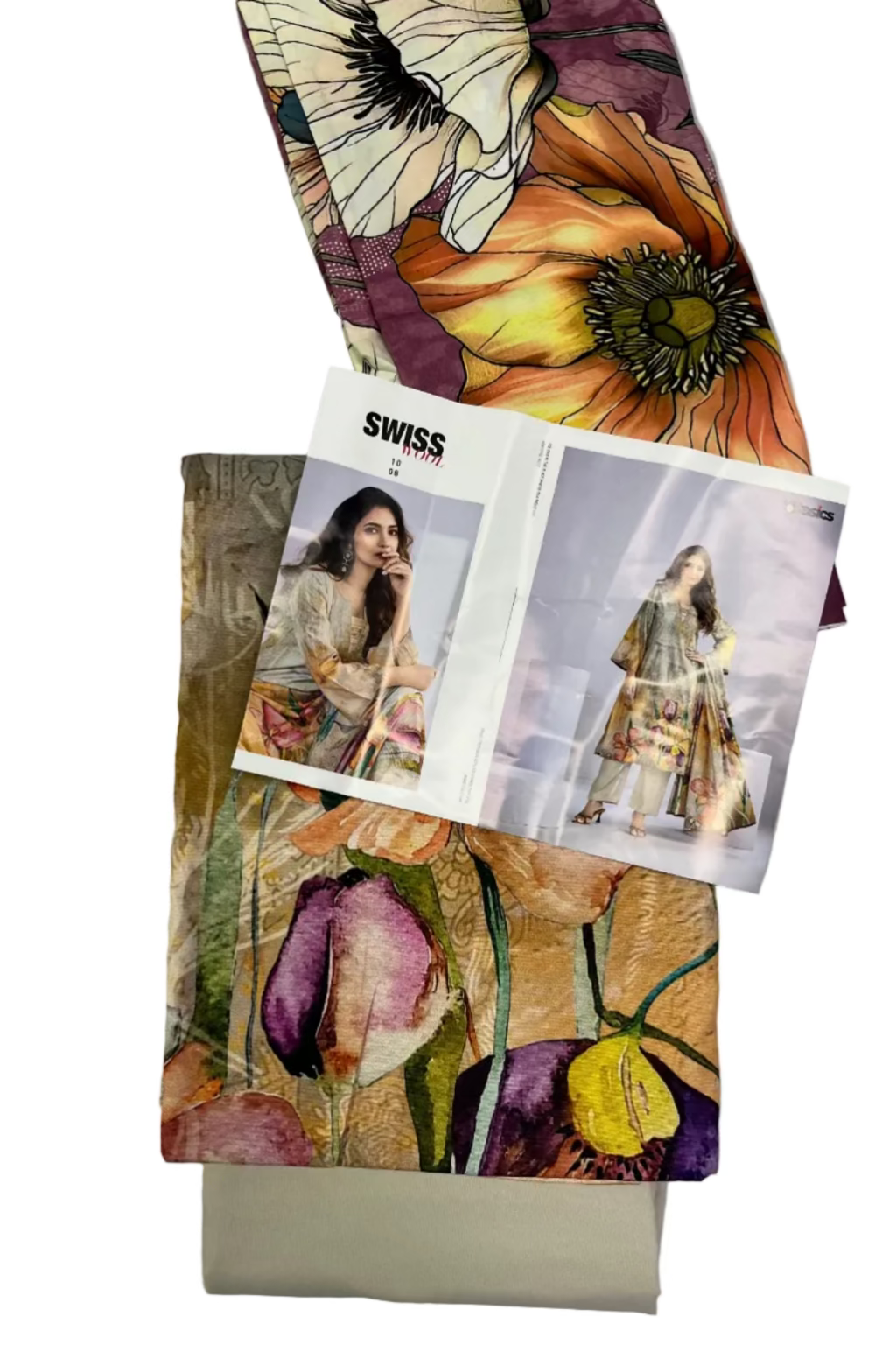 Floral-patterned fabric with a magazine on a light gray background