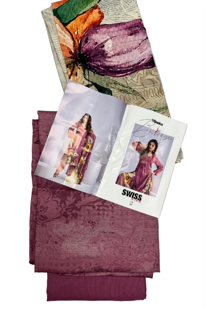 Purple fabric with a pattern, accompanied by promotional material featuring a model and 'Swiss' branding.