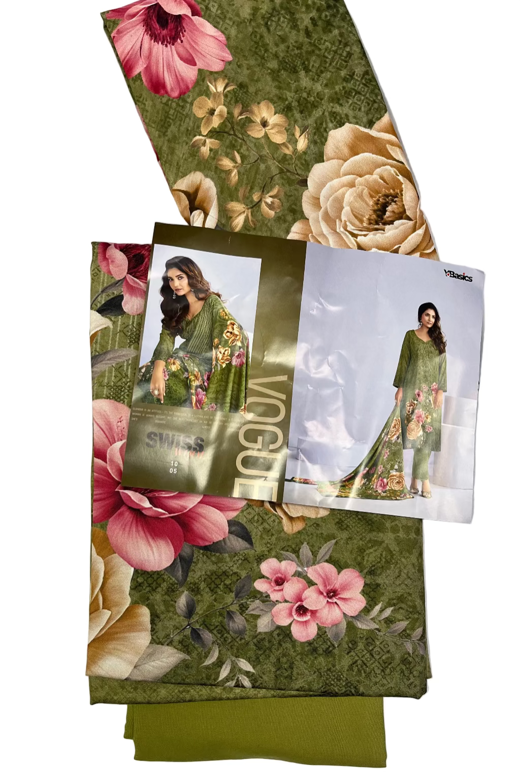 Green fabric with floral patterns and Swarn brand packaging on a white background