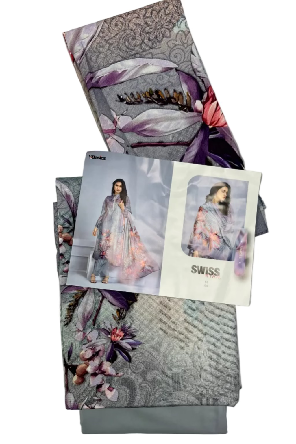 Packaging with floral design and images of a woman, labeled 'Swiss'.