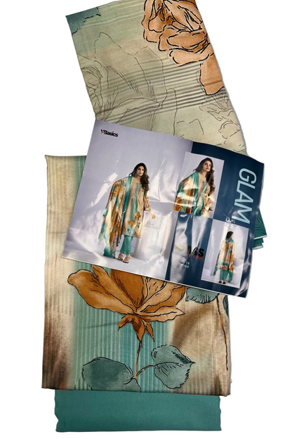 Fashion catalog with images of a scarf and fabric swatches on a gray background