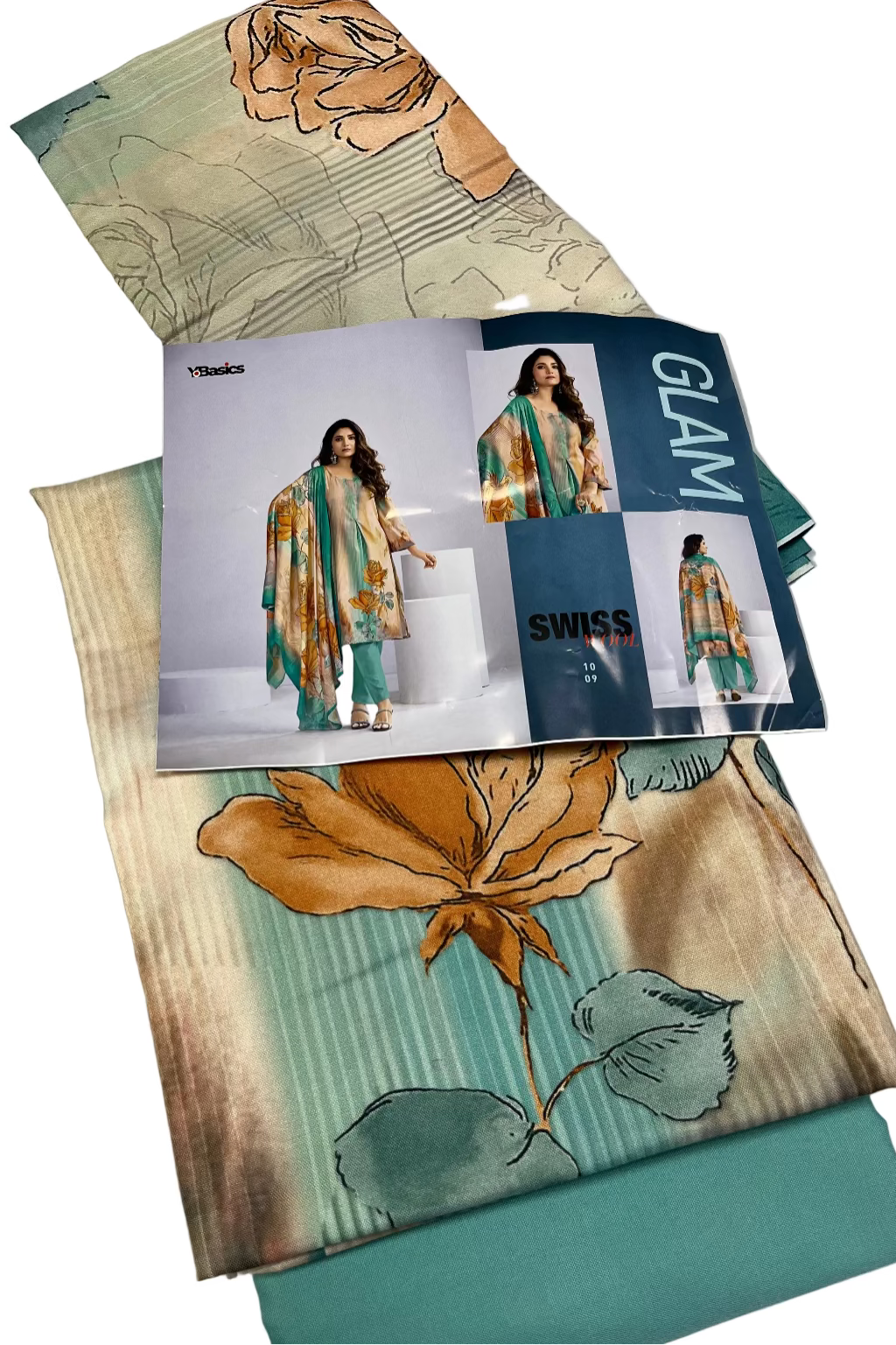 Product catalog with fashion designs on a textured surface