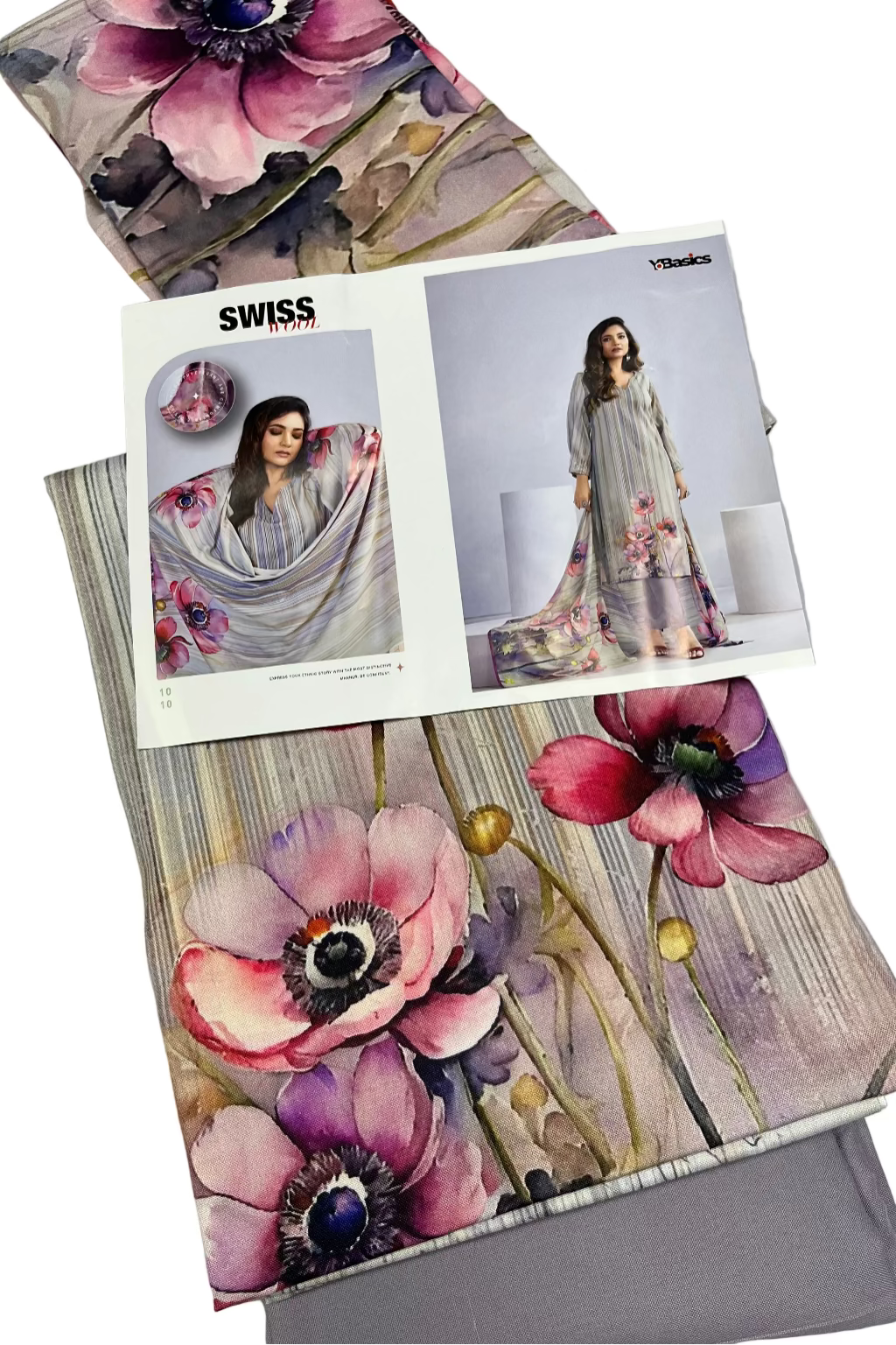Floral-patterned fabric with a magazine featuring a woman in a floral dress on a gray background