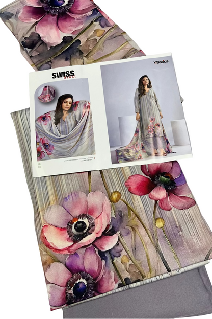 Floral-patterned fabric with a magazine featuring a woman in a floral dress on a gray background