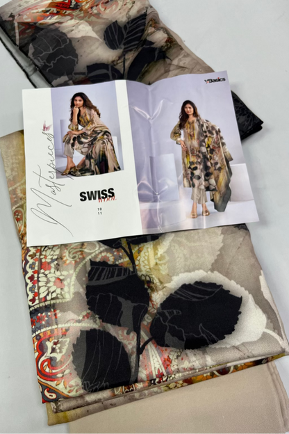 Patterned fabric with a magazine featuring a model wearing a similar outfit on a white background