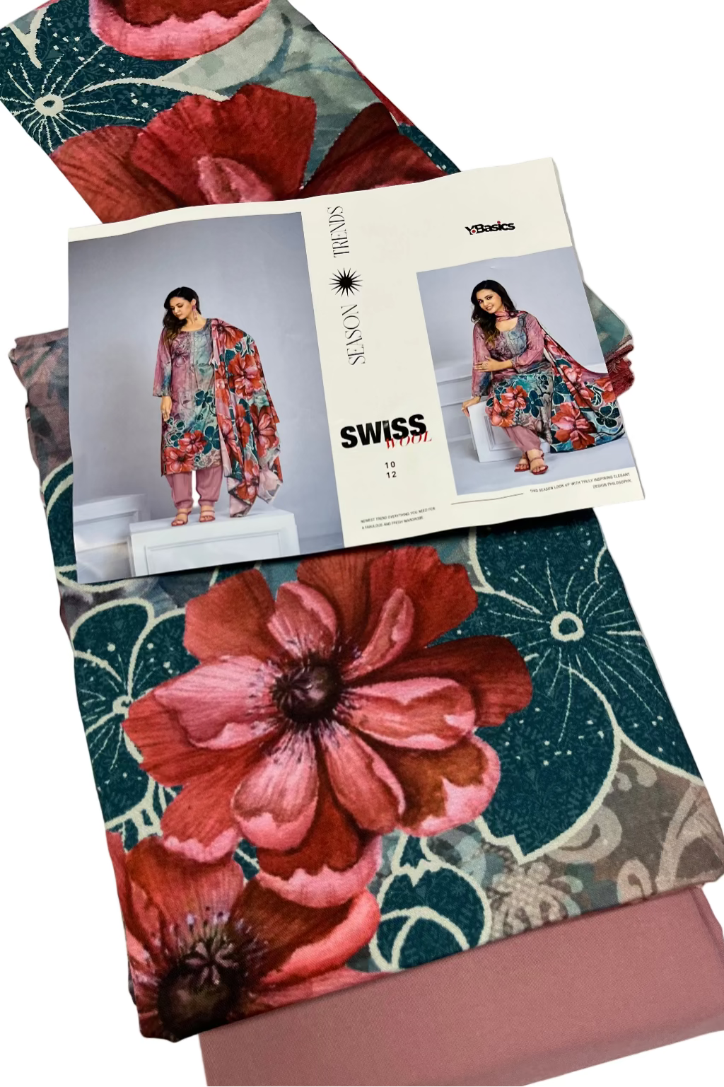 Floral fabric swatches with a fashion catalog on top