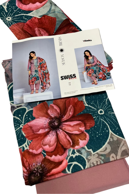 Floral fabric swatches with a fashion catalog on top