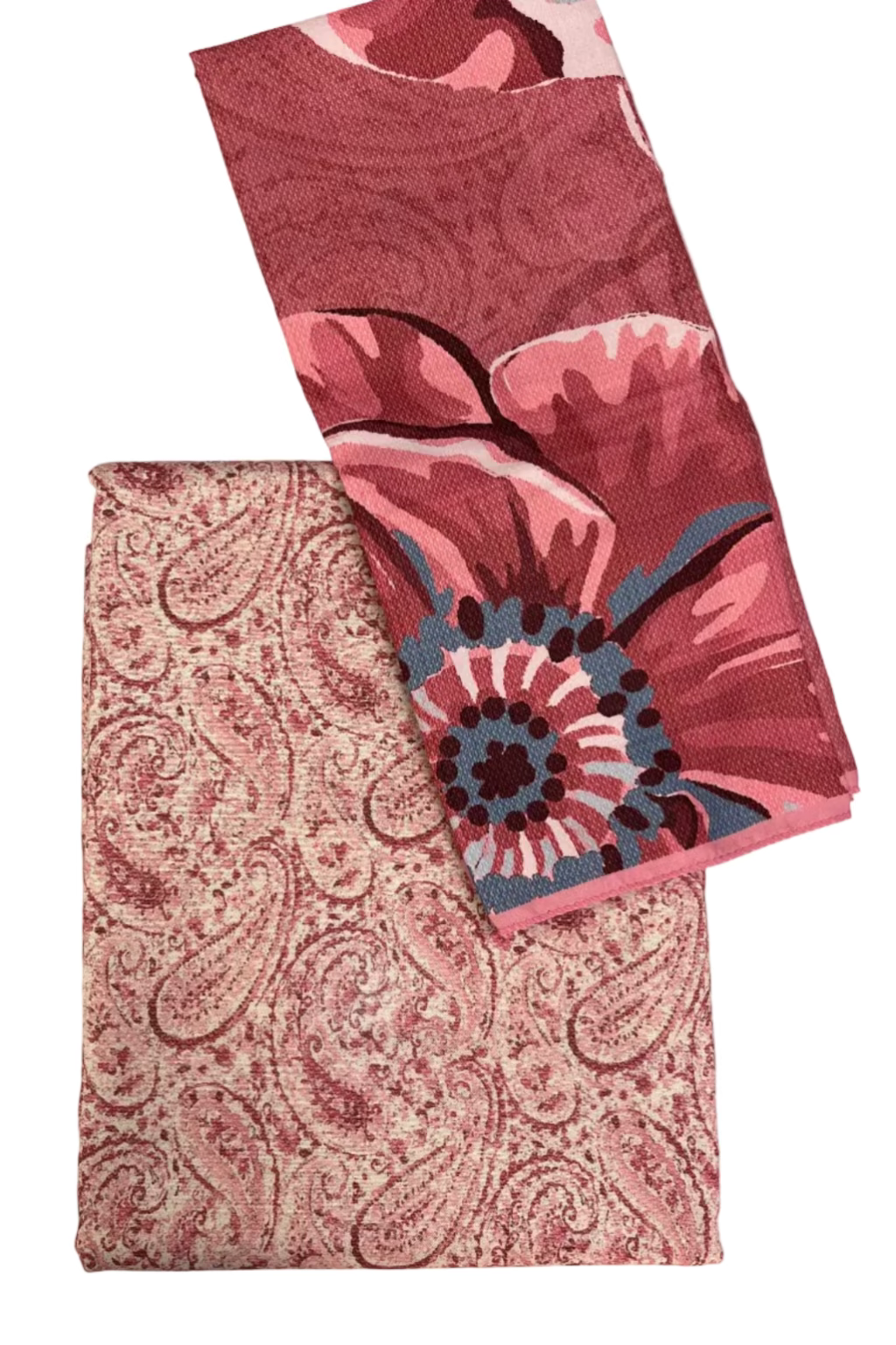 Two patterned pieces of fabric on a white background