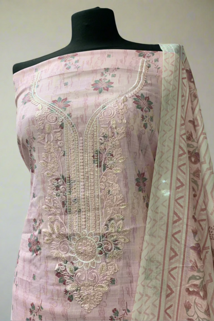 9904 Floral Print Embroidery Neckline Cotton 3pc Unstitched Suit